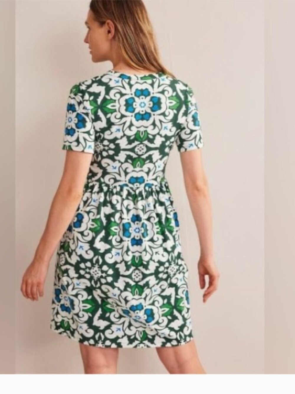 Boden Easy Notch Neck Jersey Dress 100% Cotton, Green and White, 8 - Picture 2 of 15